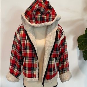 Mags & pye red plaid Sherpa wool zip hoodie jacket